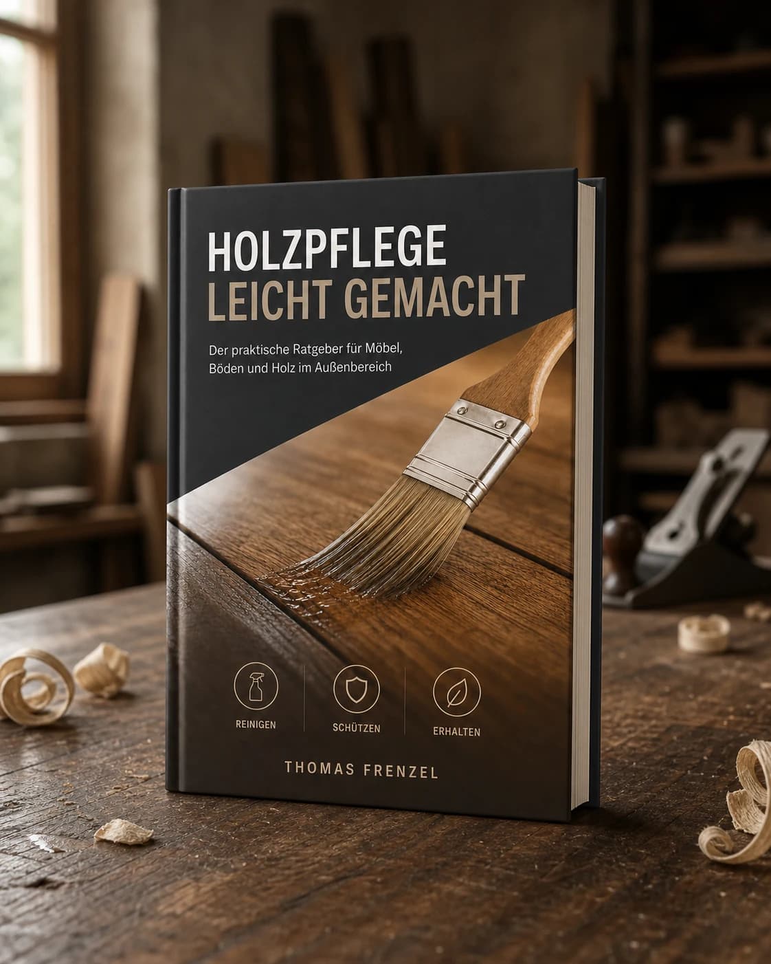 Praxisbuch Holzpflege leicht gemacht auf einer Werkbank
